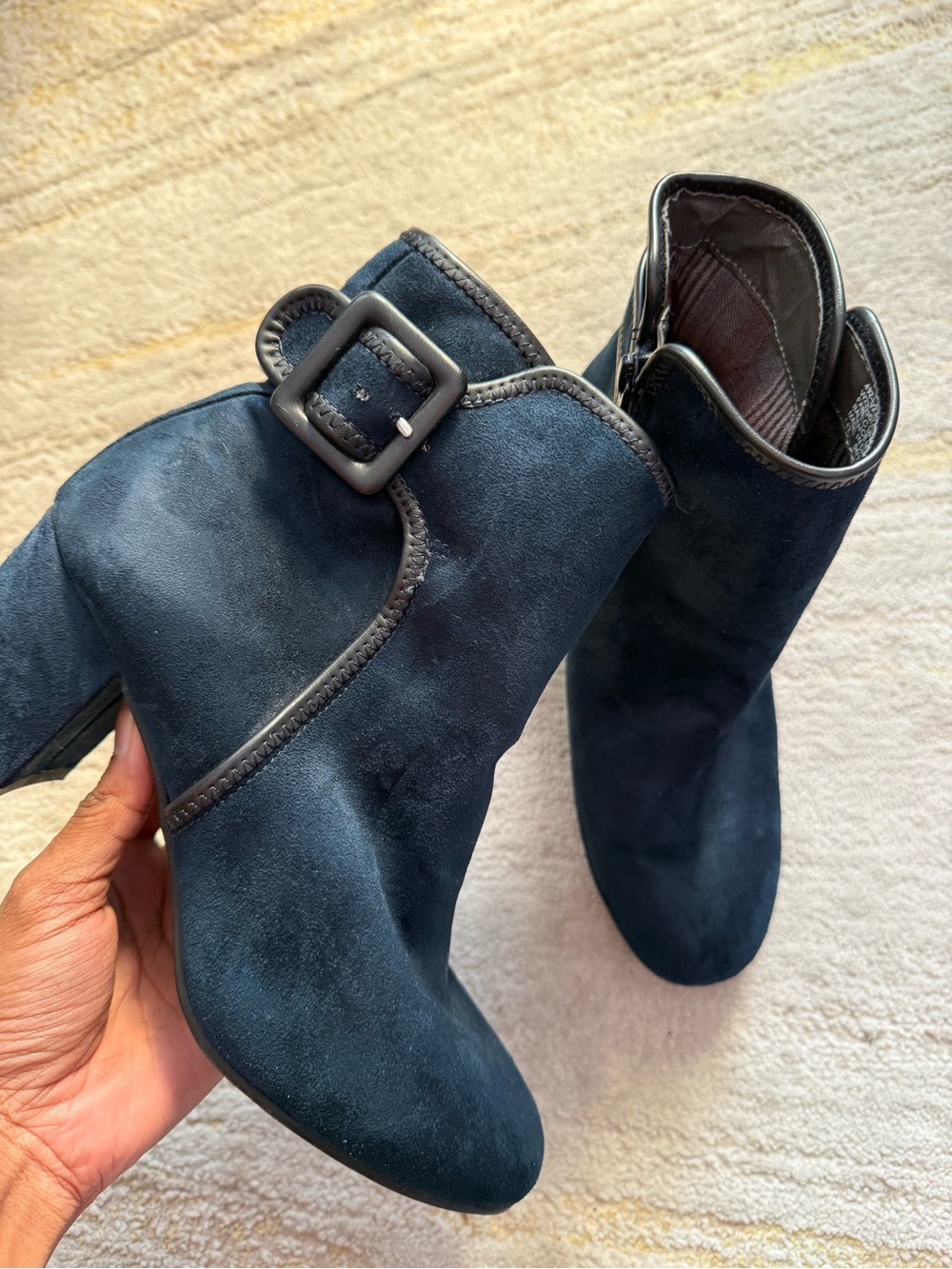White Mountain Navy Blue Suede Buckle Ankle Booties Size 7M
